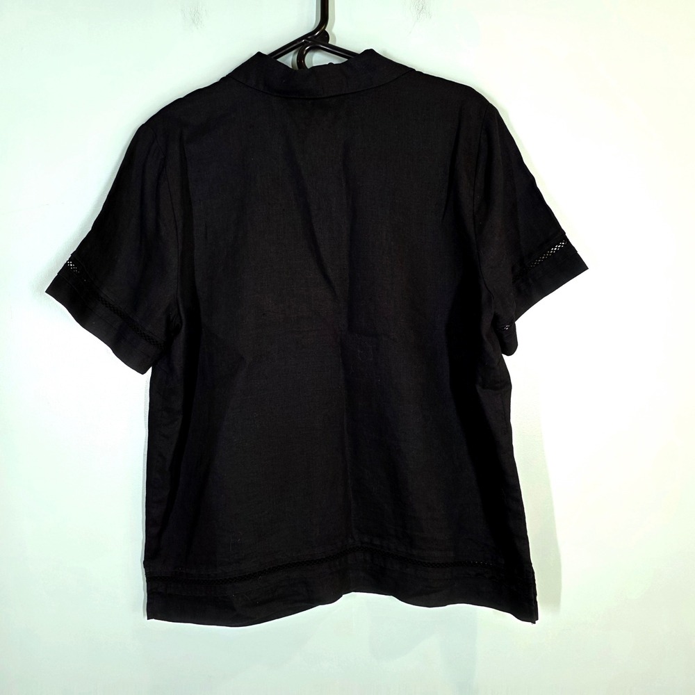 Sag Harbor Womens 100% Linen Black Button Front Short Sleeve Blouse Size 16 - Picture 2 of 10